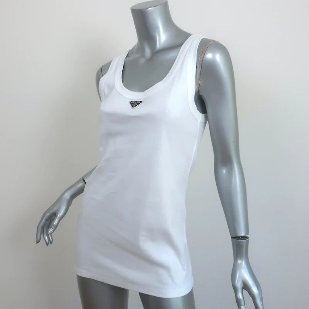 Prada Triangle Logo Tank Top White Cotton Jersey Size 40 New - Picture 3 of 8